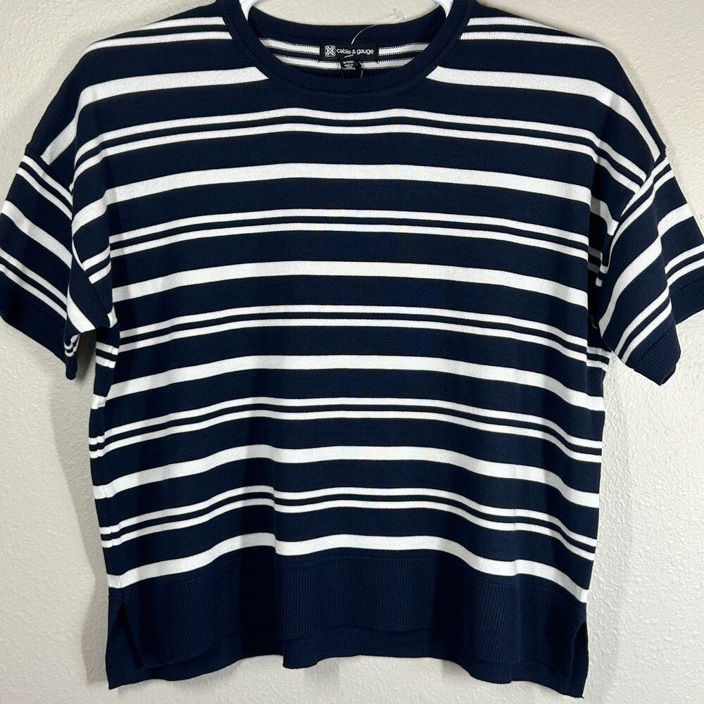 cable & gauge‎ Women's Navy White Striped Short Sleeve Knit Sweater Top XL